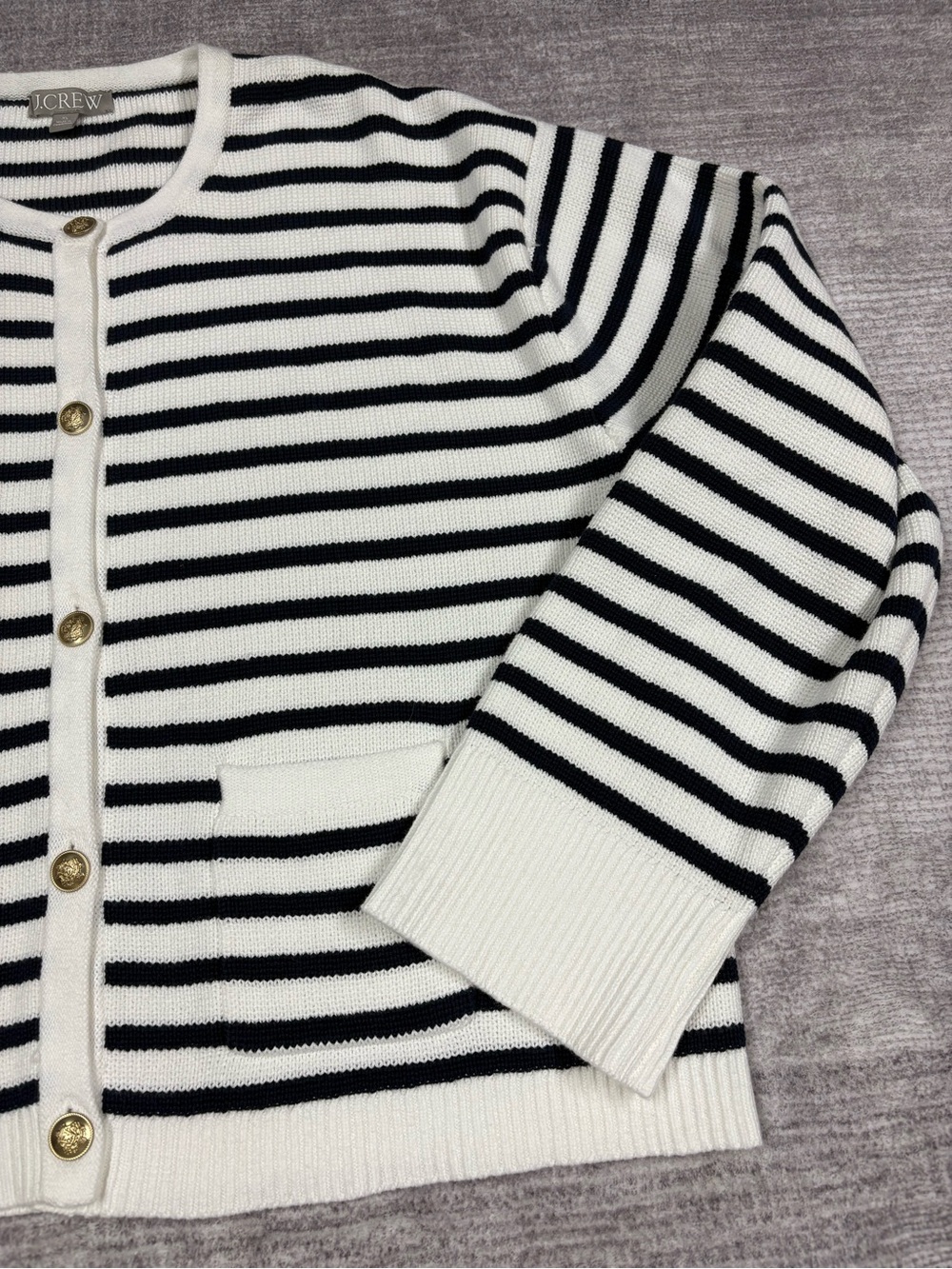 J. Crew Relaxed Emilie Sweater Jacket Natural Navy Stripe Cardigan XL Boxy - Picture 8 of 10